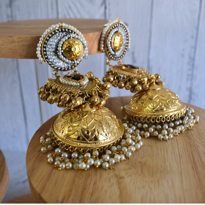 Designer Gold Finish Brass Kundan Slightly Heavy and Long Earrings