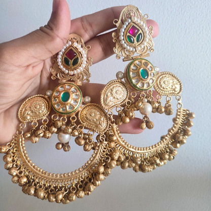 Mahogany Golden Finish Pachi Kundan Stone Heavy and Long Earrings