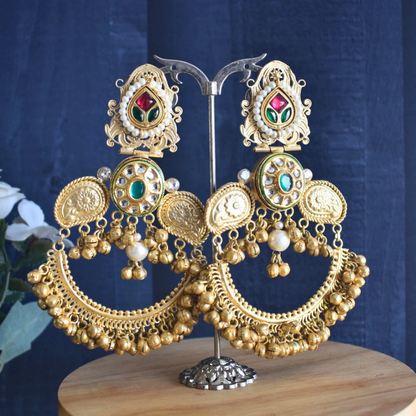 Mahogany Golden Finish Pachi Kundan Stone Heavy and Long Earrings