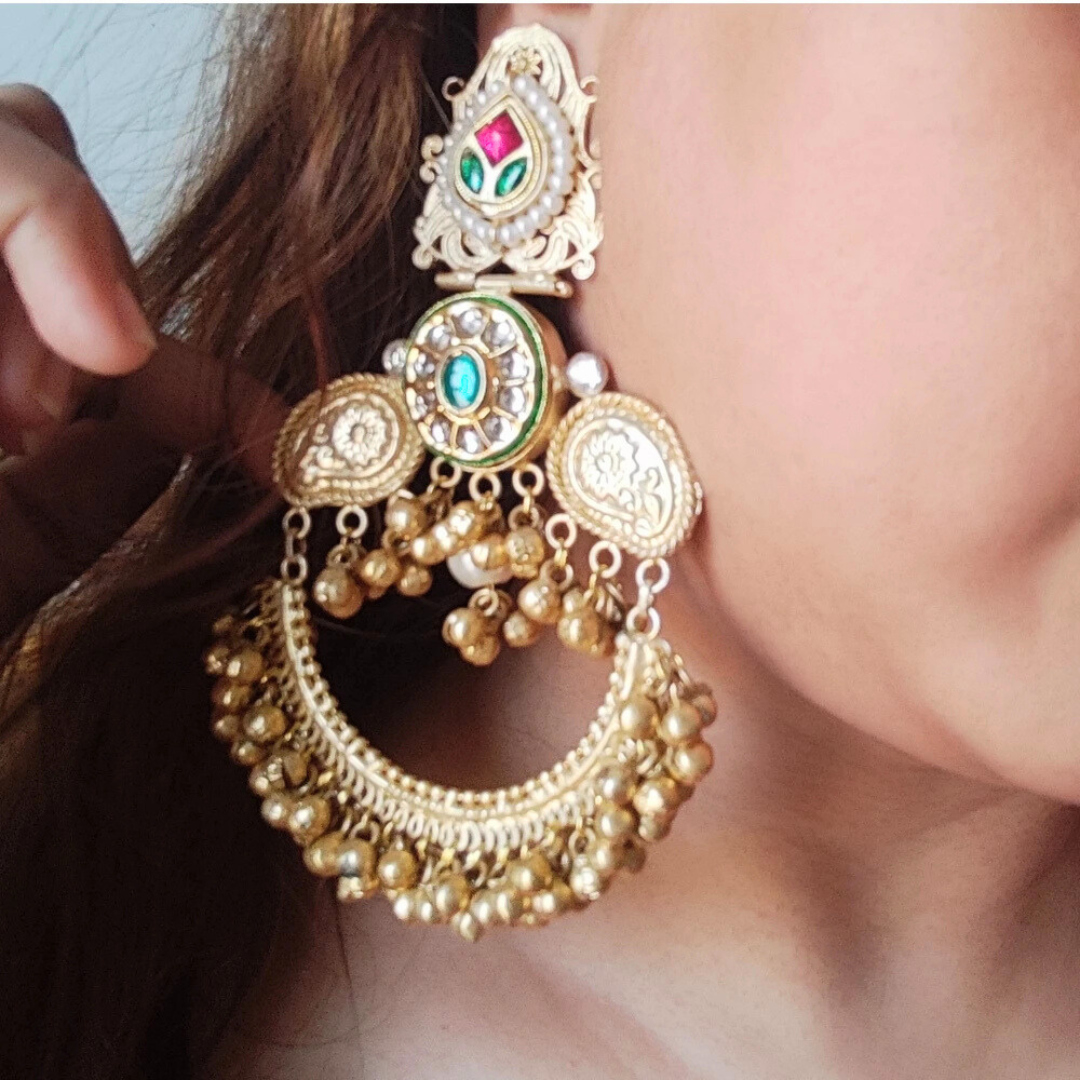 Mahogany Golden Finish Pachi Kundan Stone Heavy and Long Earrings