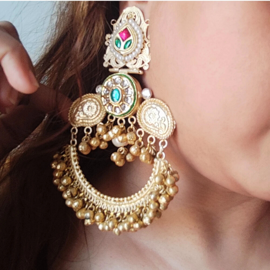 Mahogany Golden Finish Pachi Kundan Stone Heavy and Long Earrings