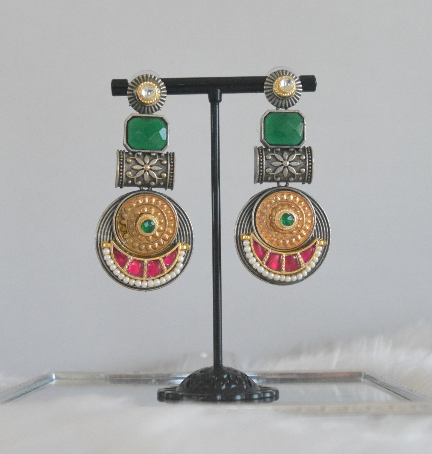 Pachi Kundan Stone Earrings- Green