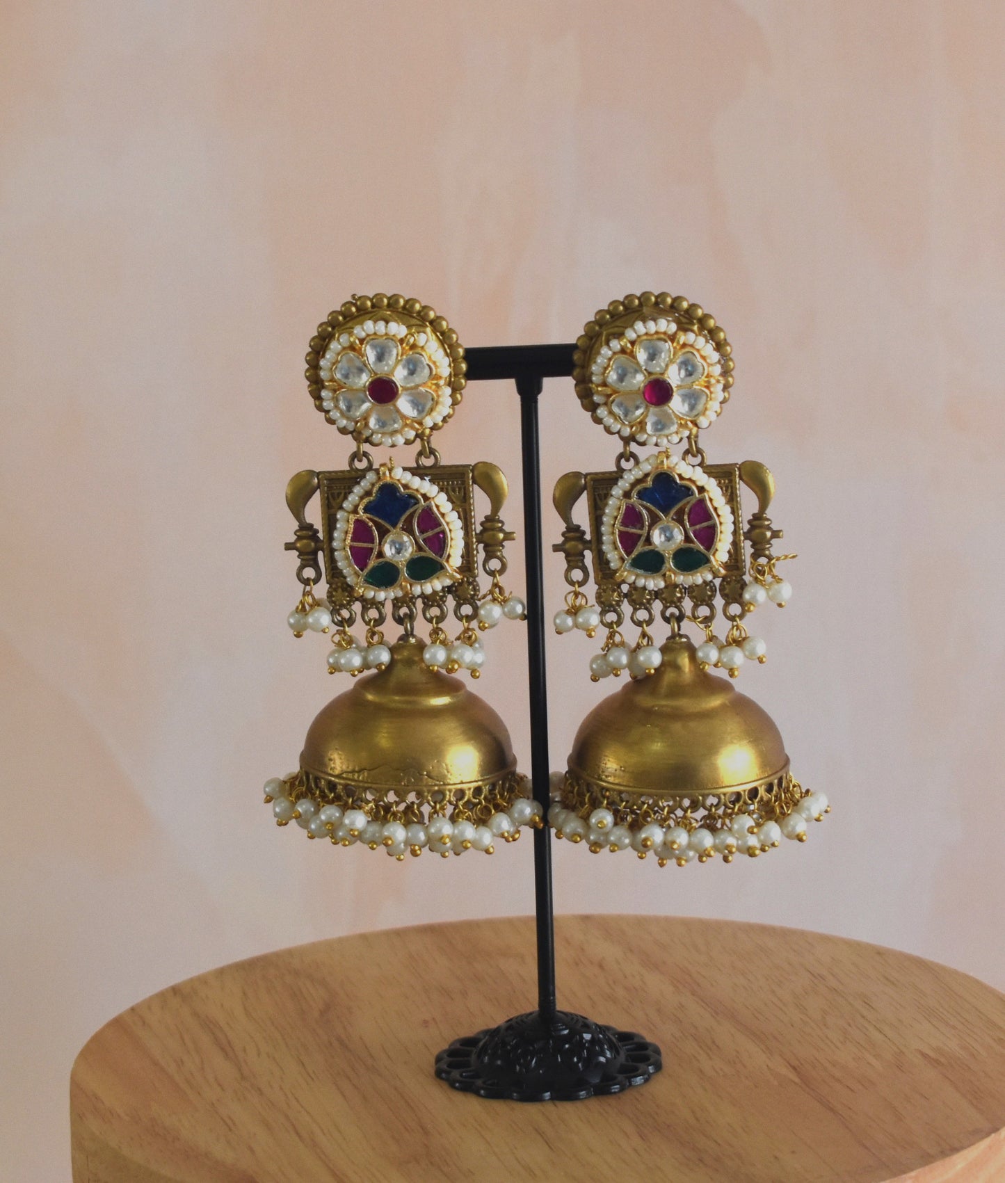 Designer Kundan Brass Gold Finish Heavy Jhumka