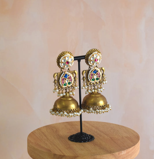 Designer Kundan Brass Gold Finish Heavy Jhumka