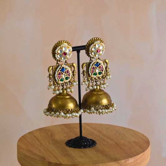 Designer Kundan Brass Gold Finish Heavy Jhumka