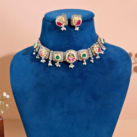 Designer Pachi Kundan Brass Necklace Set with stud Earrings