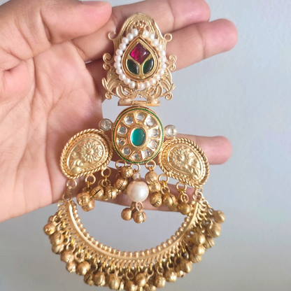 Mahogany Golden Finish Pachi Kundan Stone Heavy and Long Earrings