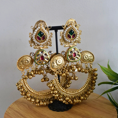 Mahogany Golden Finish Pachi Kundan Stone Heavy and Long Earrings