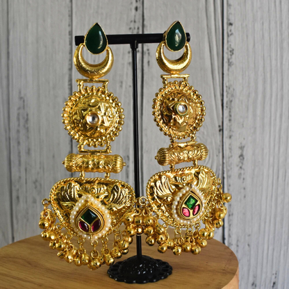 Mona Designer Pachi Kundan Brass Gold finish Long Earrings