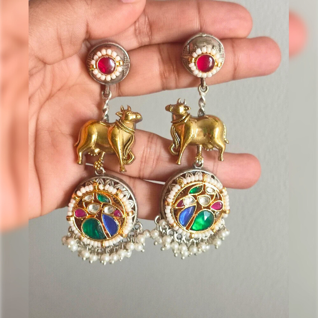 Nandi Pachi Kundan Long Stud Earrings