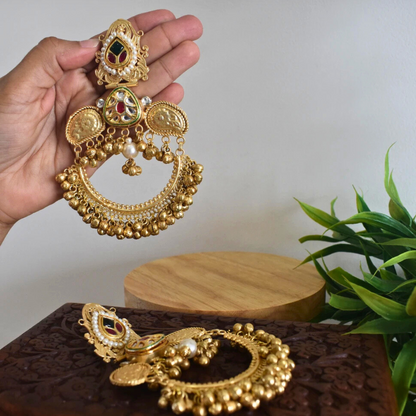 Mahogany Golden Finish Pachi Kundan Stone Heavy and Long Earrings