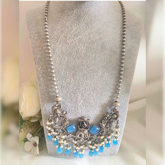 Mira stone beaded Rajasthani style necklace set White & blue colour