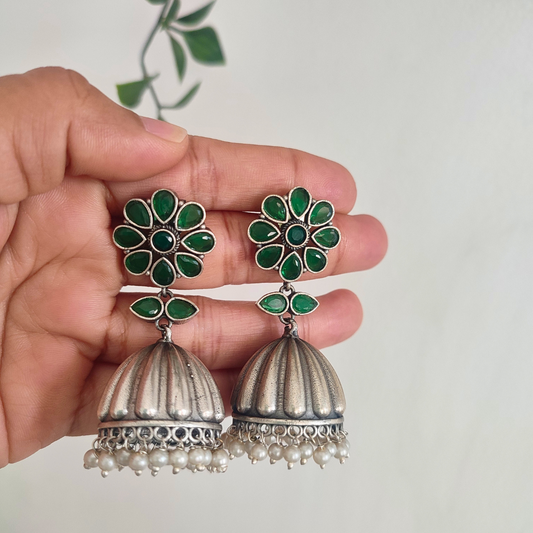 Gautami Stone Brass Jhumki- Dark Green