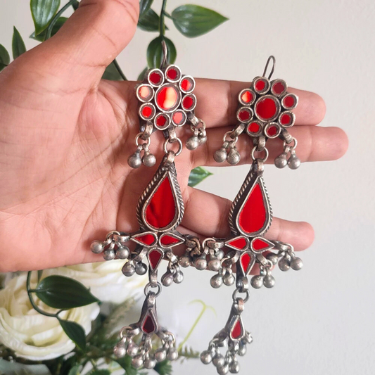 Rose red glossy long glass earrings